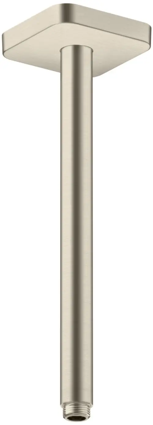 Deckenanschluss von AXOR in gebürstetem Nickel für Duschsysteme, mit einem rechteckigen Oberteil und einem geraden vertikalen Anschlussrohr.